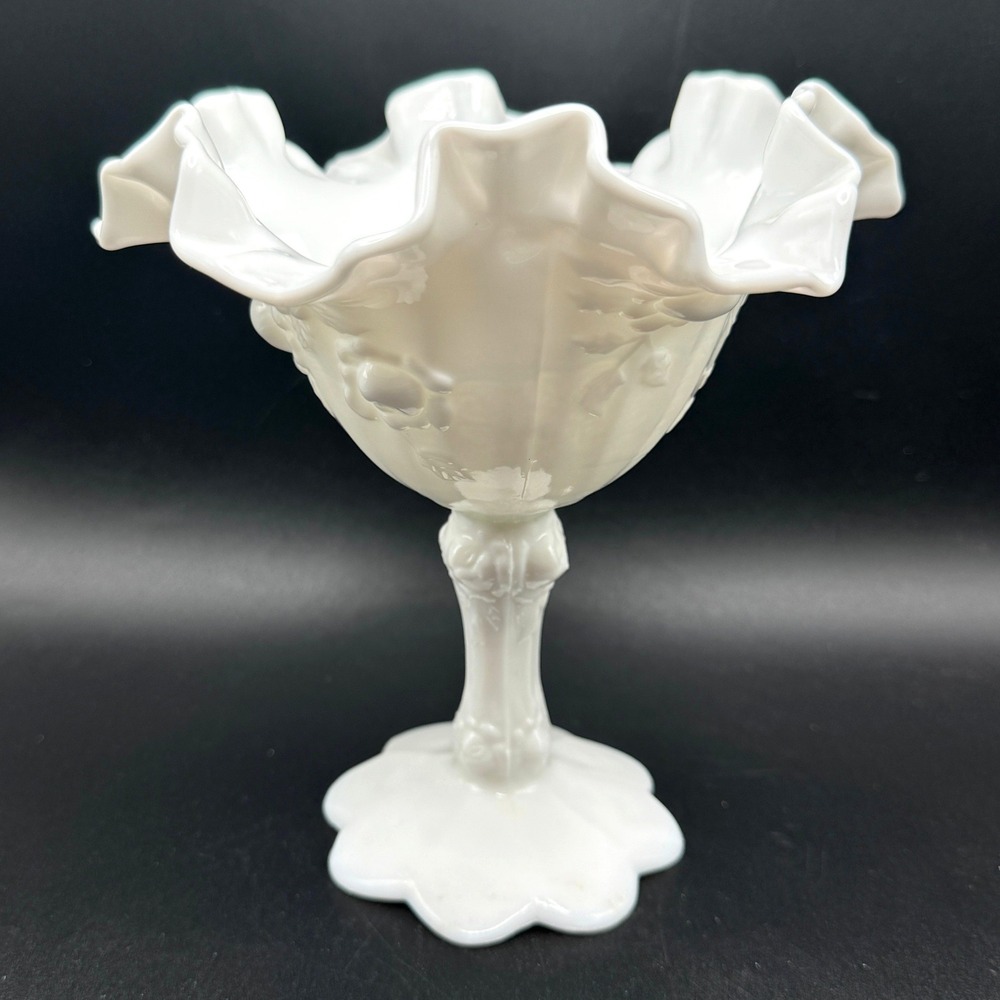 Vintage Fenton Milk Glass Cabbage Rose Ruffled Compote Pedestal Candy Dish